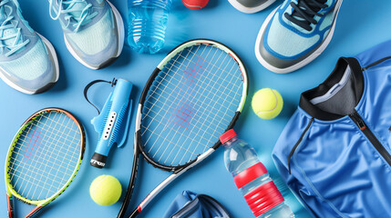 Tennis rackets balls clothes bottle of water and shoes