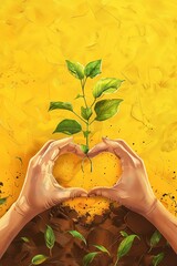 Cherish Earth illustrated by hands forming a heart around a young sapling, symbolizing love and care for our planet - obrazy, fototapety, plakaty