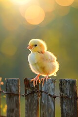 Cheery chick perched on a rustic wooden fence, the morning sun casting a golden glow