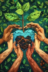Cherish Earth illustrated by hands forming a heart around a young sapling, symbolizing love and care for our planet - obrazy, fototapety, plakaty