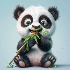 Chubby panda cub clutching a bamboo shoot, its face smeared with green - obrazy, fototapety, plakaty