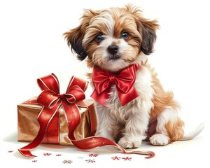 Cuddly puppy with a big red bow, sitting patiently by a holiday gift box - obrazy, fototapety, plakaty