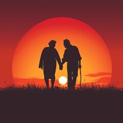Eternal love captured in a sunset silhouette of an elderly couple, their hands intertwined - obrazy, fototapety, plakaty
