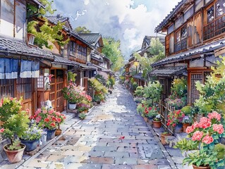 Obraz premium Kyoto streets with windows and houses and flowers in watercolor style