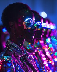 Cyberfashion show featuring models with glowing USB accessories, set against a backdrop of neon lights - obrazy, fototapety, plakaty