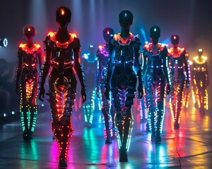 Models strut on a runway illuminated by futuristic USB port designs, merging technology with fashion - obrazy, fototapety, plakaty