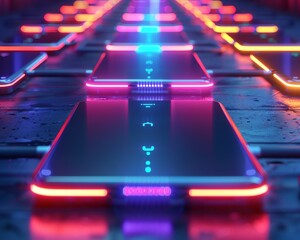 Futuristic USB ports glowing with neon lights at a highfashion runway event Ultra HD digital scene - obrazy, fototapety, plakaty