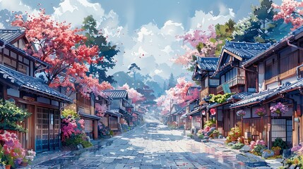 Naklejka premium Kyoto streets with windows and houses and flowers in watercolor style