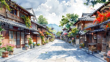 Kyoto streets with windows and houses and flowers in watercolor style