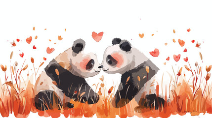 Pandas couple over grass in watercolor silhouette