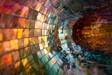 Abstract colorful mosaic square glasses in kaleidoscopic effect, curvy and wavy distortion perspective