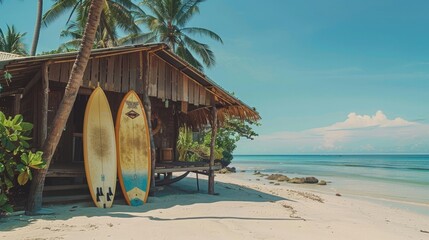 Two surfboards leaning against a rustic wooden shack on a sandy beach