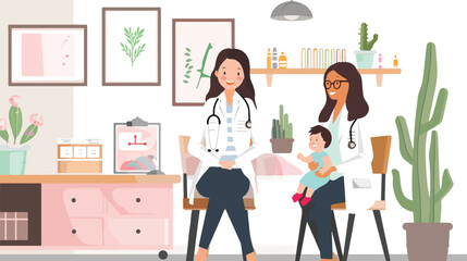Pediatrician female doctor with mom and baby in change
