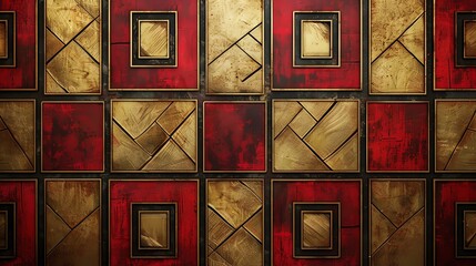 Art decoinspired pattern with bold red and gold squares, ideal for vintagethemed wallpapers or chic interior design projects - obrazy, fototapety, plakaty