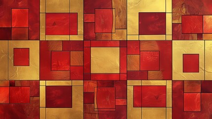 Art decoinspired pattern with bold red and gold squares, ideal for vintagethemed wallpapers or chic interior design projects - obrazy, fototapety, plakaty