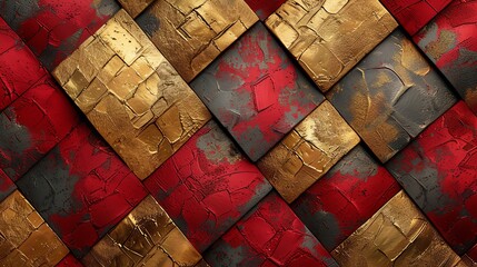 Regal pattern with embossed gold and red squares, creating a rich textural effect for exclusive event invitations or deluxe branding materials - obrazy, fototapety, plakaty