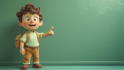 A boy stands in front of a green background and speaks, explains, teacher teaches lectures and asks questions, confident expression, first gesture, Teachers' Day, indoors，Confident Young Speaker 3d - obrazy, fototapety, plakaty