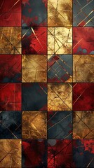 Opulent geometric design featuring a grid of shimmering gold and deep red squares, perfect for luxury packaging or sophisticated home decor - obrazy, fototapety, plakaty