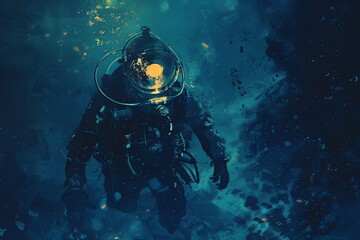 Illustration depicts a deep-sea diver enveloped in an abyss of darkness, with only the faint glow of their helmet light breaking through the inky blackness.