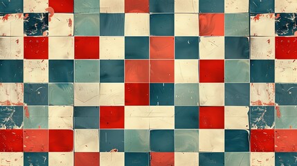 Retroinspired pattern with small red and blue squares, perfect for digital backgrounds, nostalgic project themes, and vintage textile designs