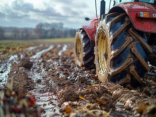 plowed field with a tractor close-up on the ground