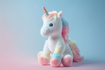 White plush unicorn with rainbow mane on a pastel pink and blue background. Studio photography. Fantasy and childhood concept. Design for poster, greeting card