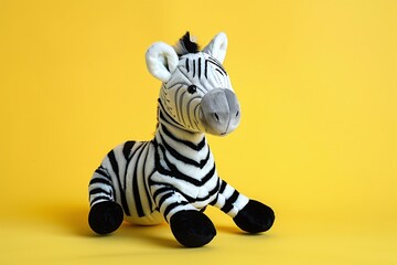 Plush zebra toy on a Yellow background. Studio pet portrait. Toy and childhood concept for design and print