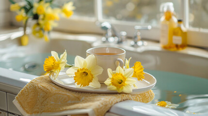 Obraz na płótnie Canvas Tray with beautiful daffodils and cup of tea on bathtub