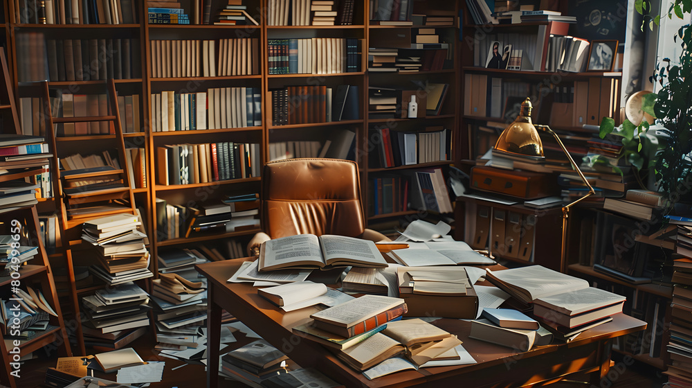 Poster a cluttered academic study room with bookshelves open textbooks and a desk filled with reading mater