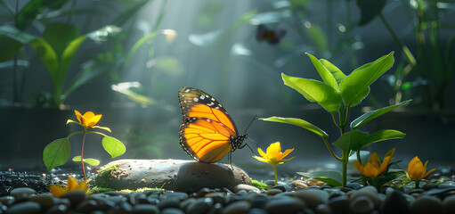 Butterfly sucking flower essence in zoomed view High quality photo