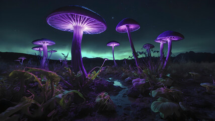 Alien landscape with bioluminescent plants.
