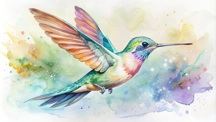 Witness the delicate beauty of a hummingbird hovering in mid air in a watercolor painting, its iridescent feathers shimmering like jewels