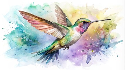 Witness the delicate beauty of a hummingbird hovering in mid air in a watercolor painting, its iridescent feathers shimmering like jewels