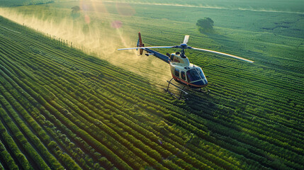agricultural helicopter spraying crops with pesticides in vast farmland with rows of green fields...