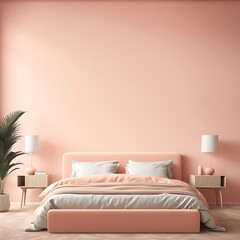  Bedroom in pastel tone peach fuzz color trend 2024 year panton furniture and background. Modern luxury room interior home design. Empty painting wall for art or wallpaper, pictures, art. 3d render 