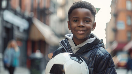 Young boy confidently holds soccer ball in urban street, exuding sporty charm.