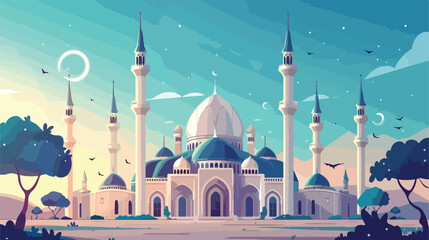 Ramadan kareem mosque building with landscape Vector