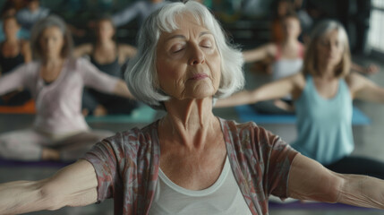 Senior woman practicing yoga with closed eyes, finding serenity in a group meditation session.