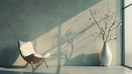 Vase with beautiful ikebana and armchair in modern roo