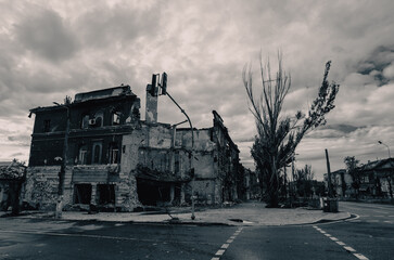 destroyed and burned houses in the city during the war in Ukraine