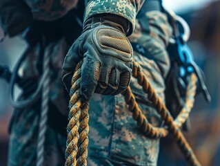 A closeup of a soldiers hands expertly managing the rappel rope with a focus on the specialized gloves and equipment