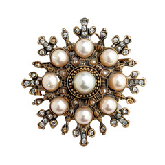 A gold and black flower brooch with pearls and crystals