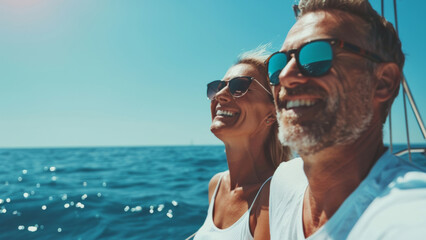Obraz premium Joyous couple wearing sunglasses and laughing on a sunny sailing adventure.