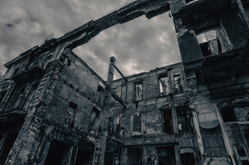 destroyed and burned houses in the city during the war in Ukraine