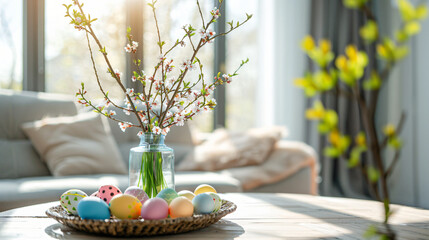 Vase with tree branches grass and Easter eggs on table
