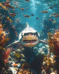 Majestic Shark Cruising Through Vibrant Coral Reef Ecosystem with Abundant Marine Life