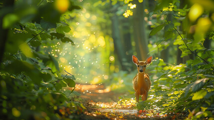 A quiet forest road under golden sunlight, a deer hiding in the trees.