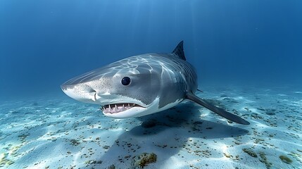 Striking Close Up Portrait of a Hungry Tiger Shark with Razor Sharp Fangs in the Open Ocean