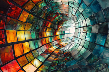 Abstract colorful mosaic square glasses in kaleidoscopic effect, curvy and wavy distortion perspective
