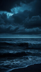 Dark Mystery, Horror Theme with Black and Blue Sky, Haunted Clouds, and a Scary Ocean, Emanating a Gloomy, Depressing Aura.
